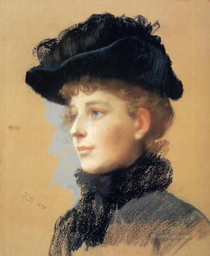 portrait of a seated woman holding a fan Painting - Portrait of a Woman with Black Hat portrait Frank Duveneck
